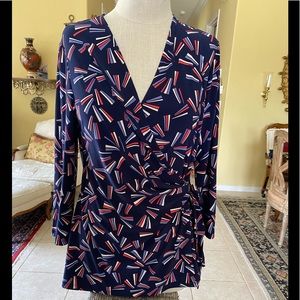 Ann Klein Blouse Navy with Design Fitted Tied